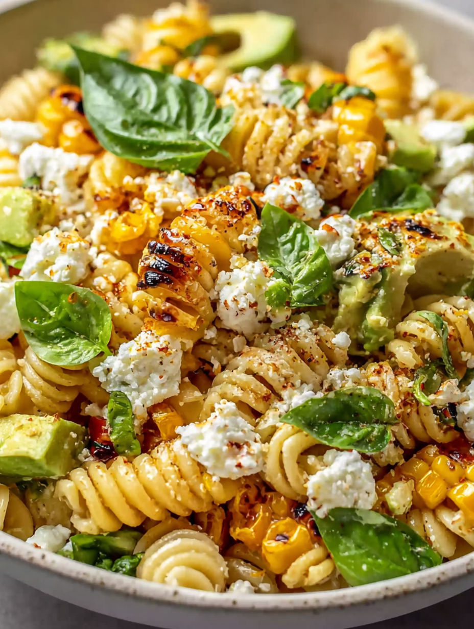 A cremiger street corn nudelsalat with cheese and avocado.