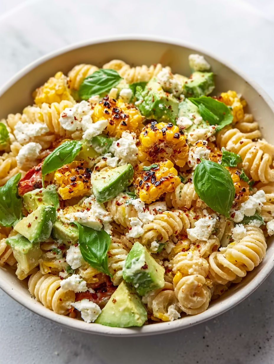 A bowl of cremiger street corn nudelsalat.