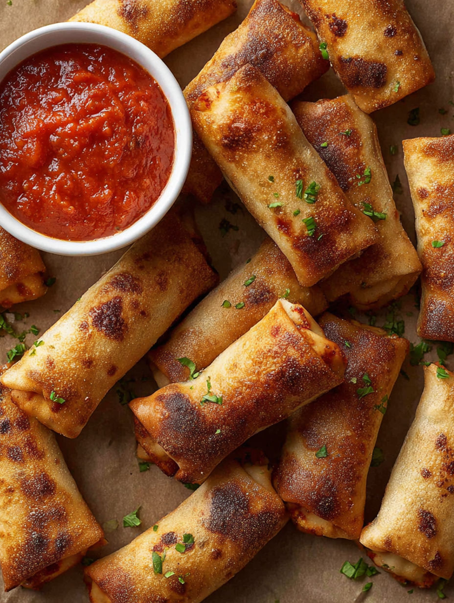 Air fryer pizza rolls with sauce.
