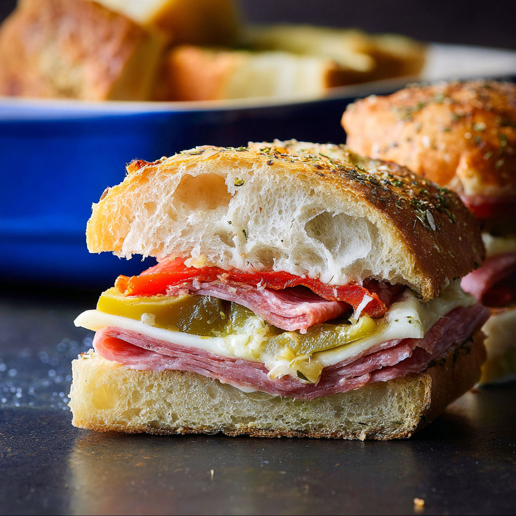 A hot Italian sub slider with meat, cheese, tomatoes, and peppers.
