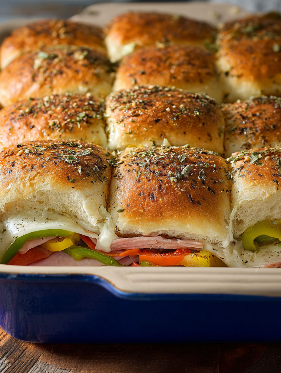 A tray of hot Italian sub sliders.