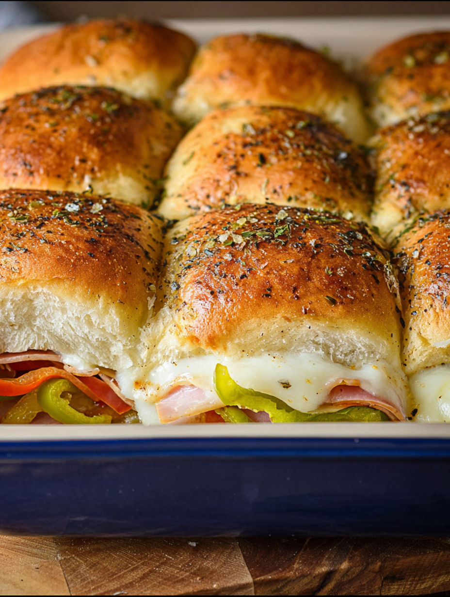 A tray of hot Italian sub sliders.