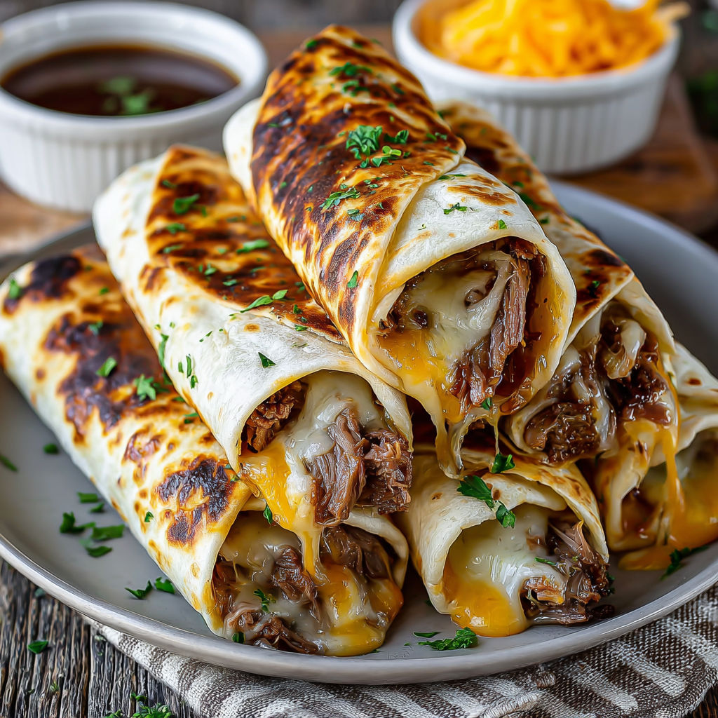 A plate of French dip tortilla roll ups.