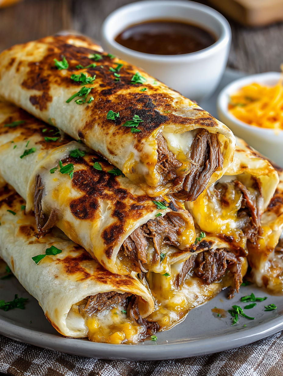 A plate of French dip tortilla roll ups.