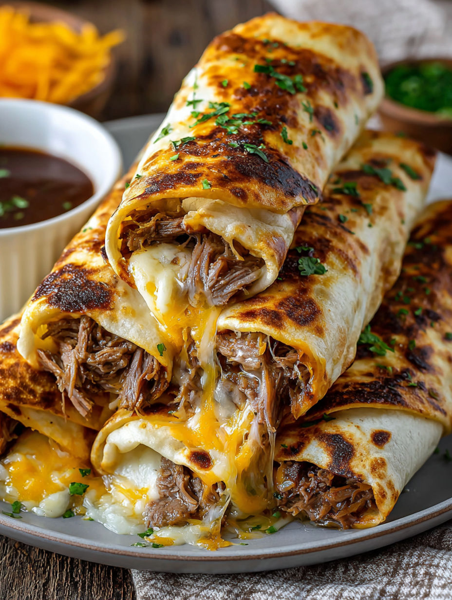 A plate of French dip tortilla roll ups.