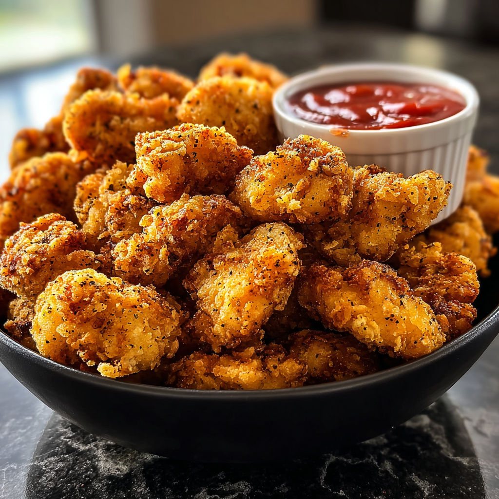 A bowl of popcorn chicken with a dipping sauce.