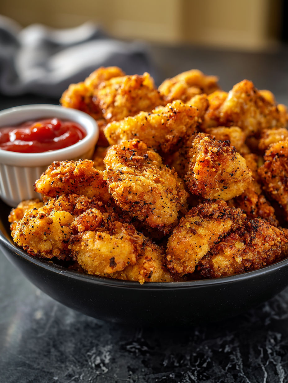 A bowl of chicken popcorn with ketchup.