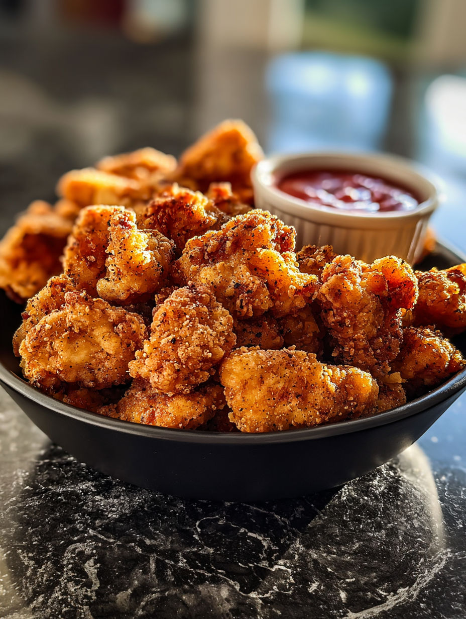 A bowl of popcorn chicken with a dipping sauce.