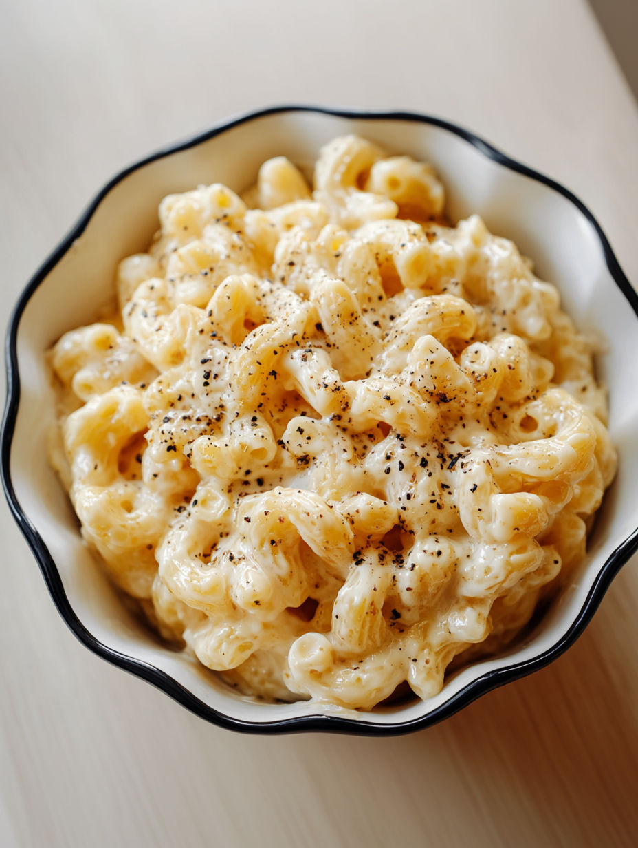 A bowl of mac and cheese with black and white bowl.