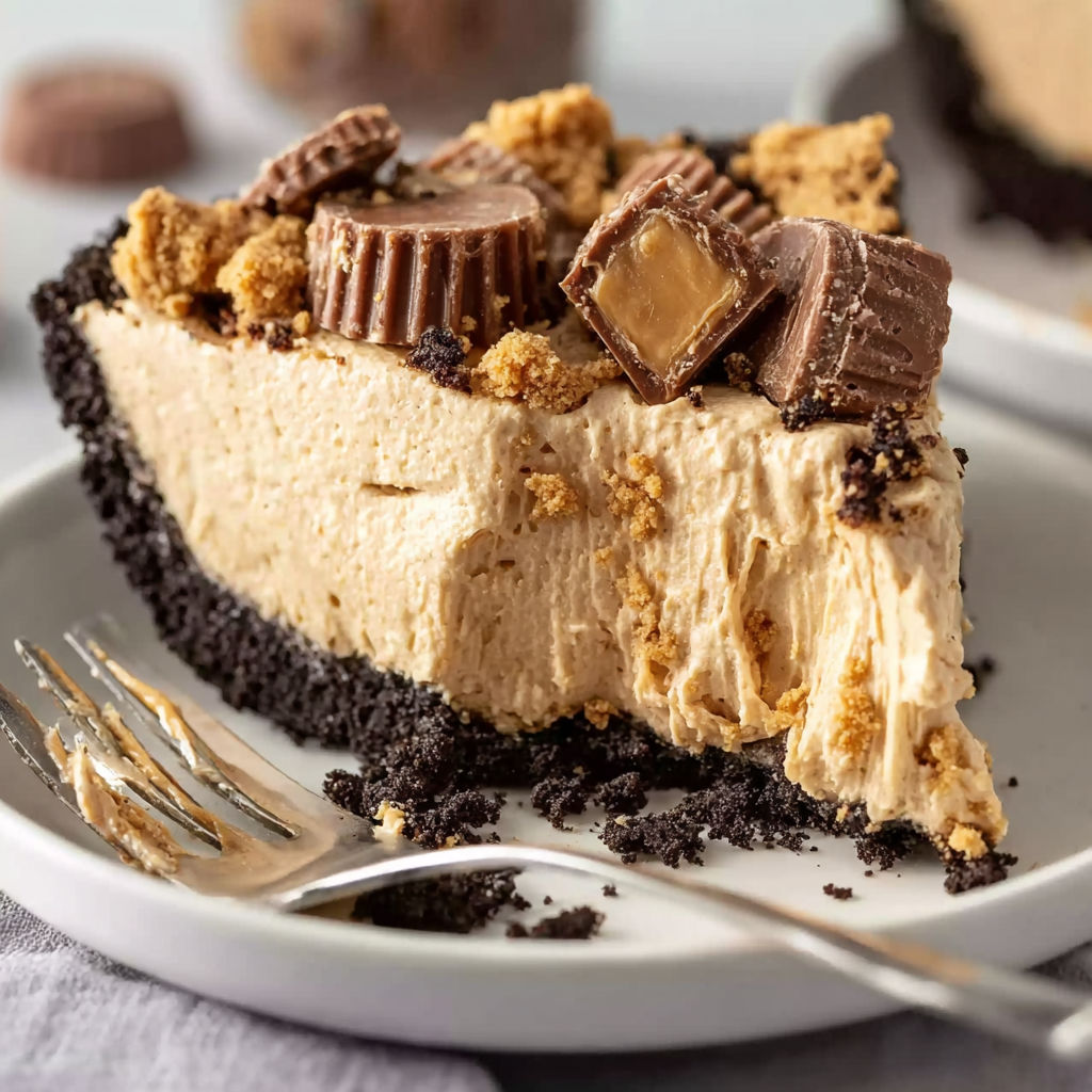 A slice of chocolate and peanut butter pie.