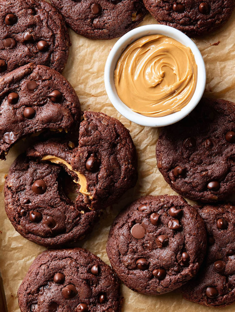 A plate of chocolate cookies with peanut butter filling.