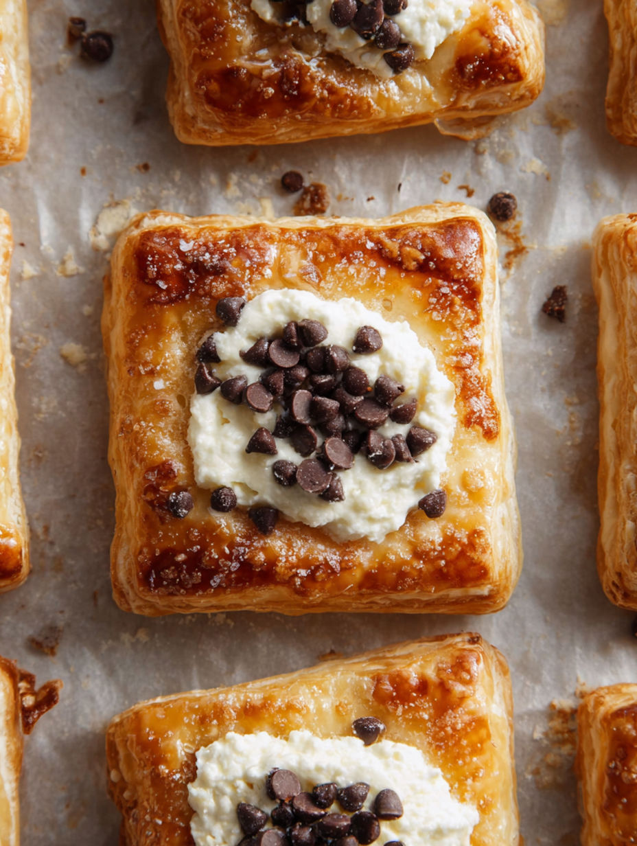 A square of pastry with chocolate and white cream.