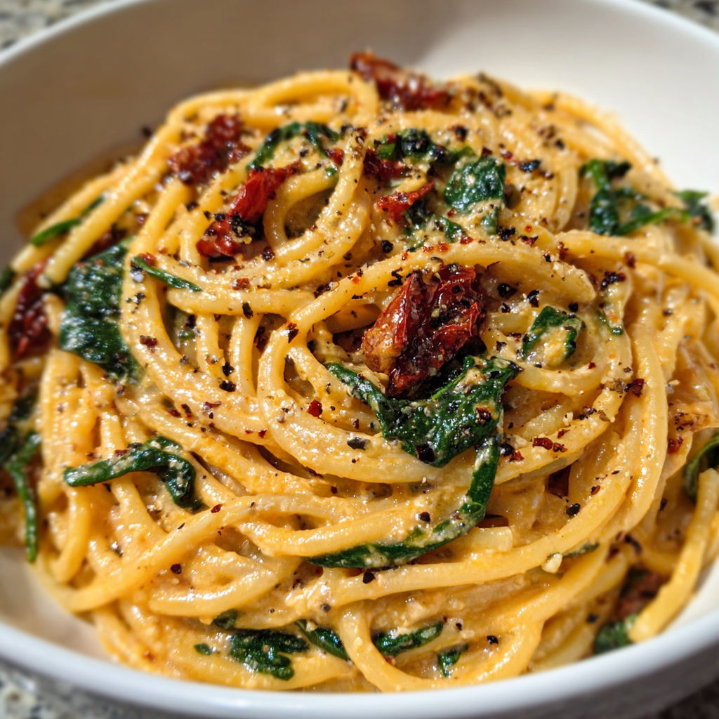 A bowl of spaghetti with spinach and tomatoes in a creamy Parmesan sauce.