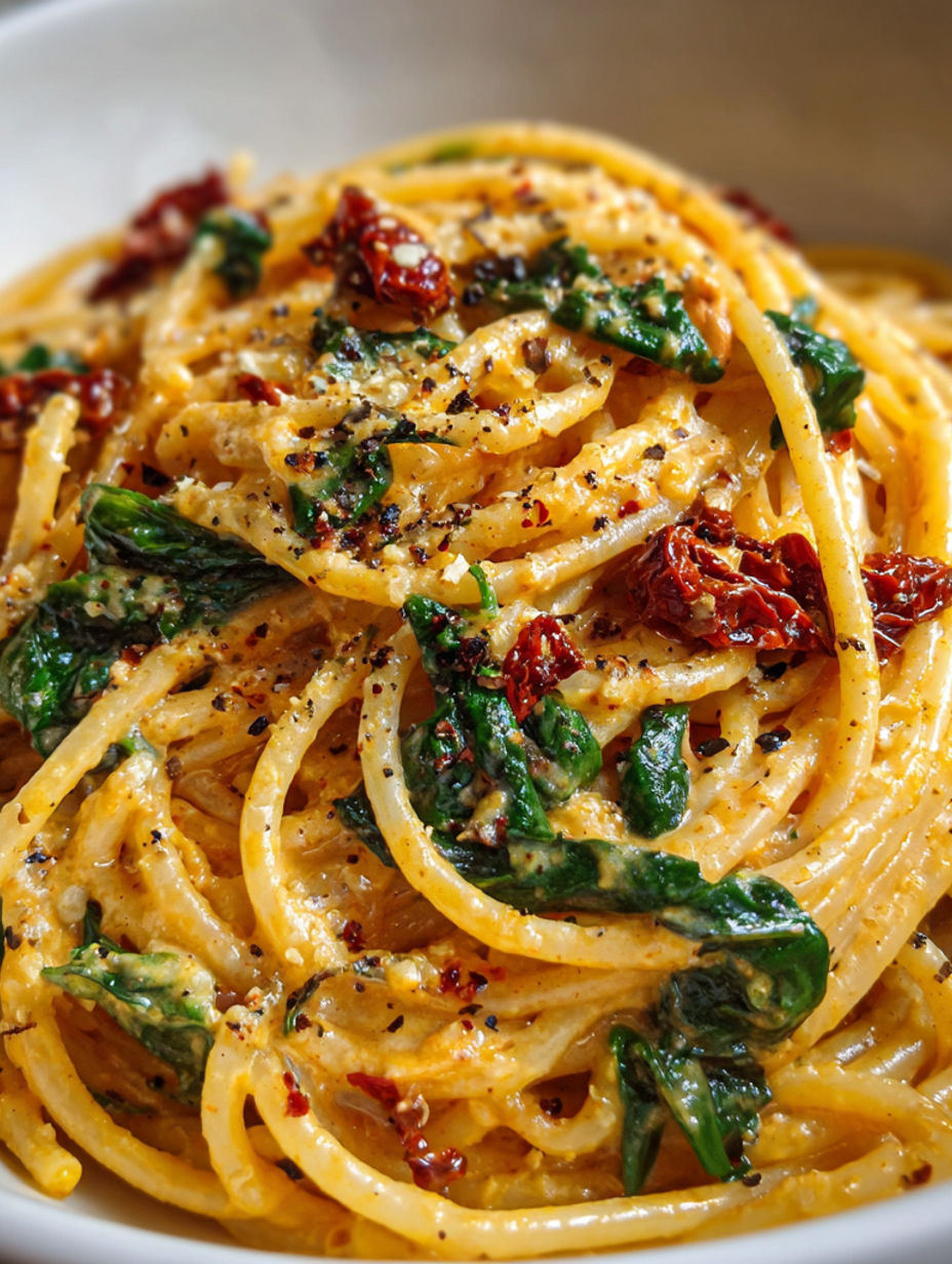 Spaghetti with spinach and tomatoes in a creamy Parmesan sauce.