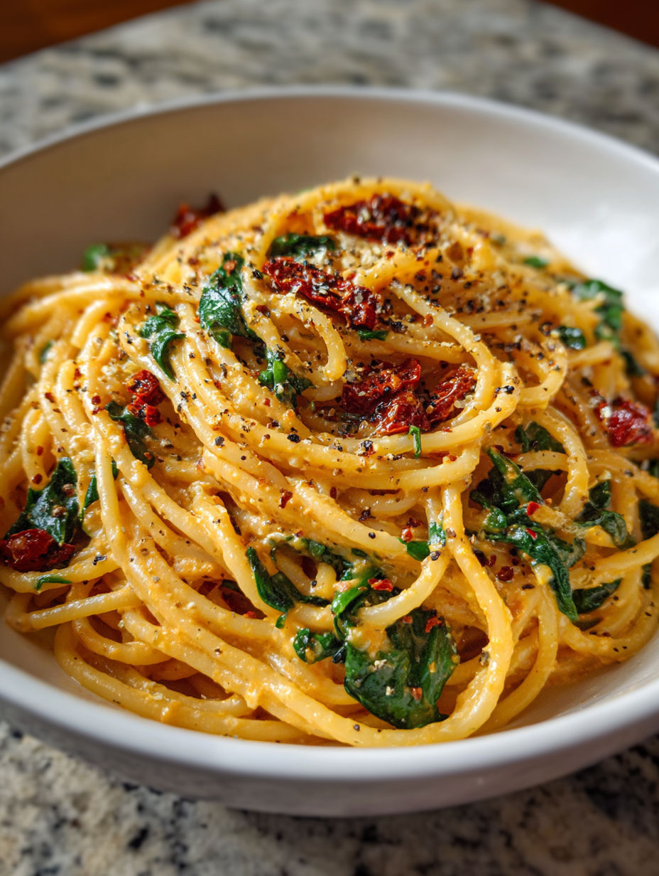 A bowl of spaghetti with spinach and tomatoes in a creamy Parmesan sauce.