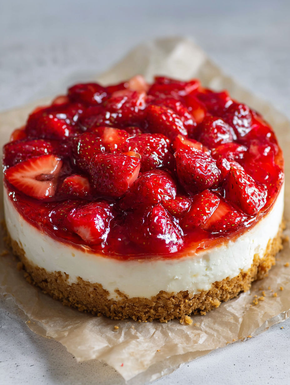 A slice of strawberry cheesecake on a paper towel.