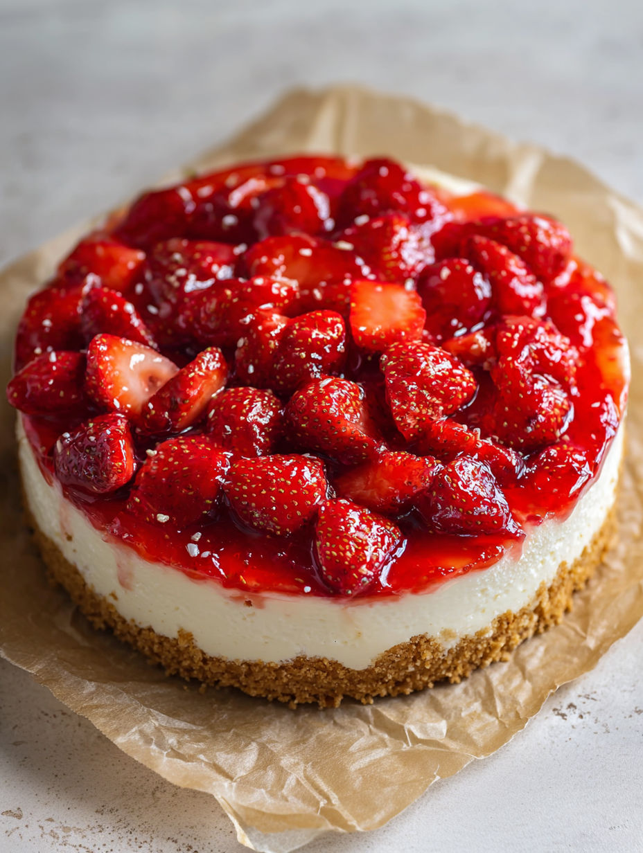 A slice of strawberry cheesecake on a paper towel.