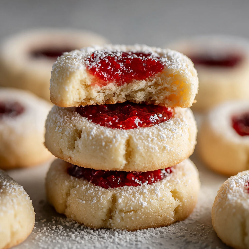 A stack of cookies with red jam in the middle.