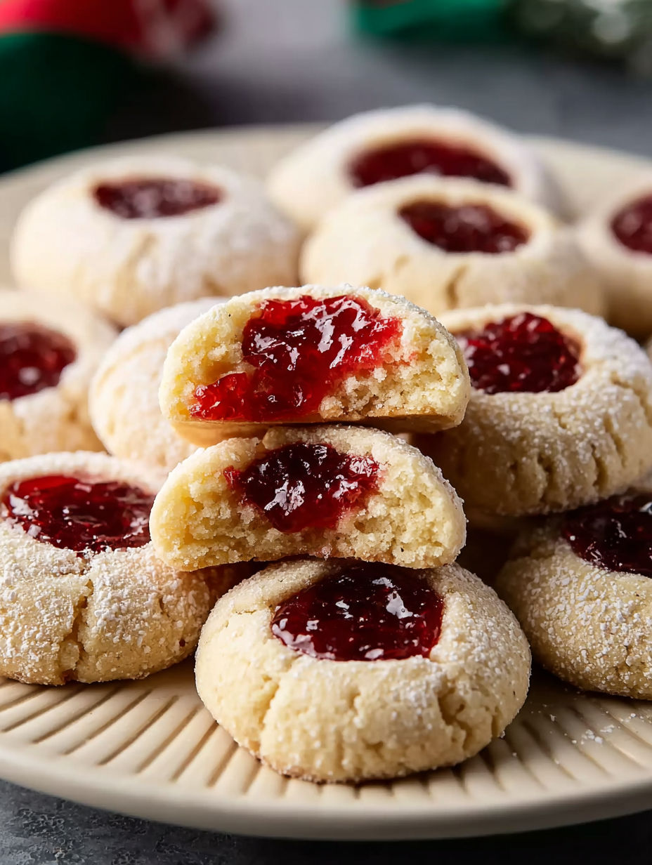A plate of cookies with jelly in the middle.