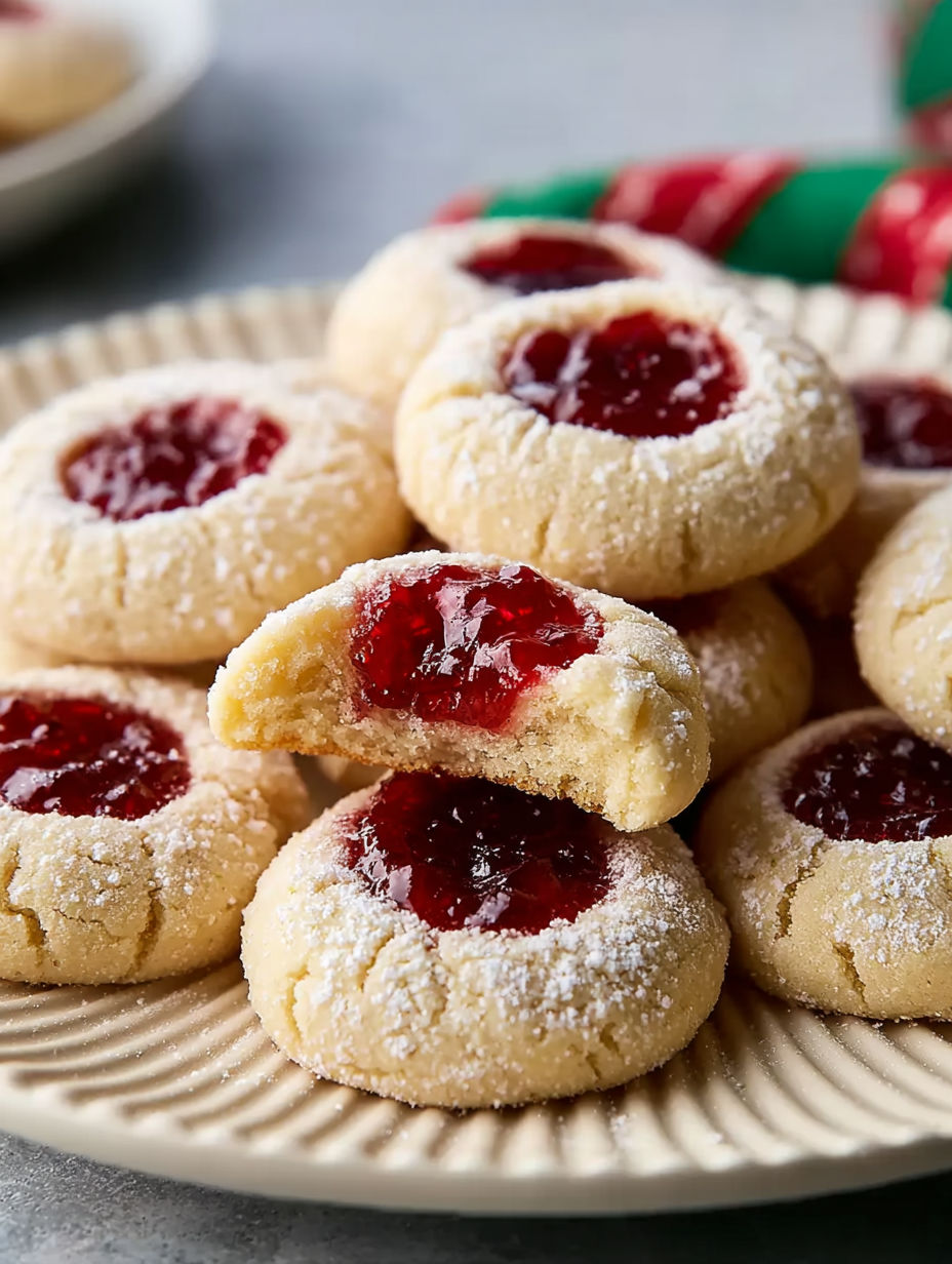 A plate of cookies with jelly in the middle.