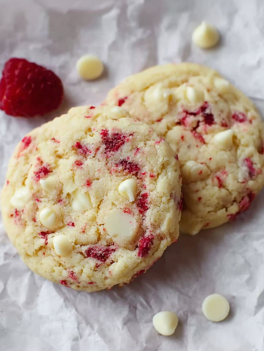 Two Raspberry Cheesecake Cookies on a table.