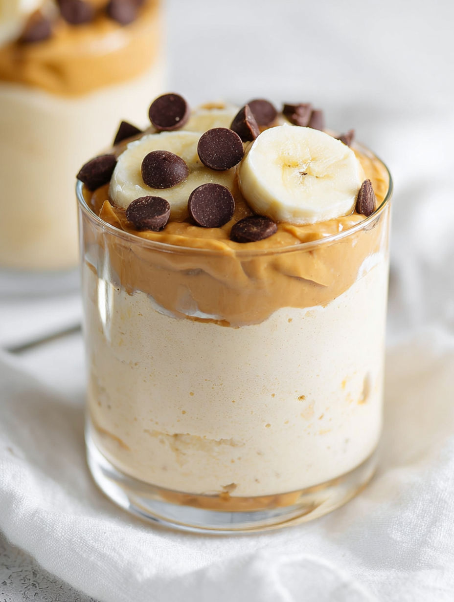 A glass of peanut butter and banana yogurt.