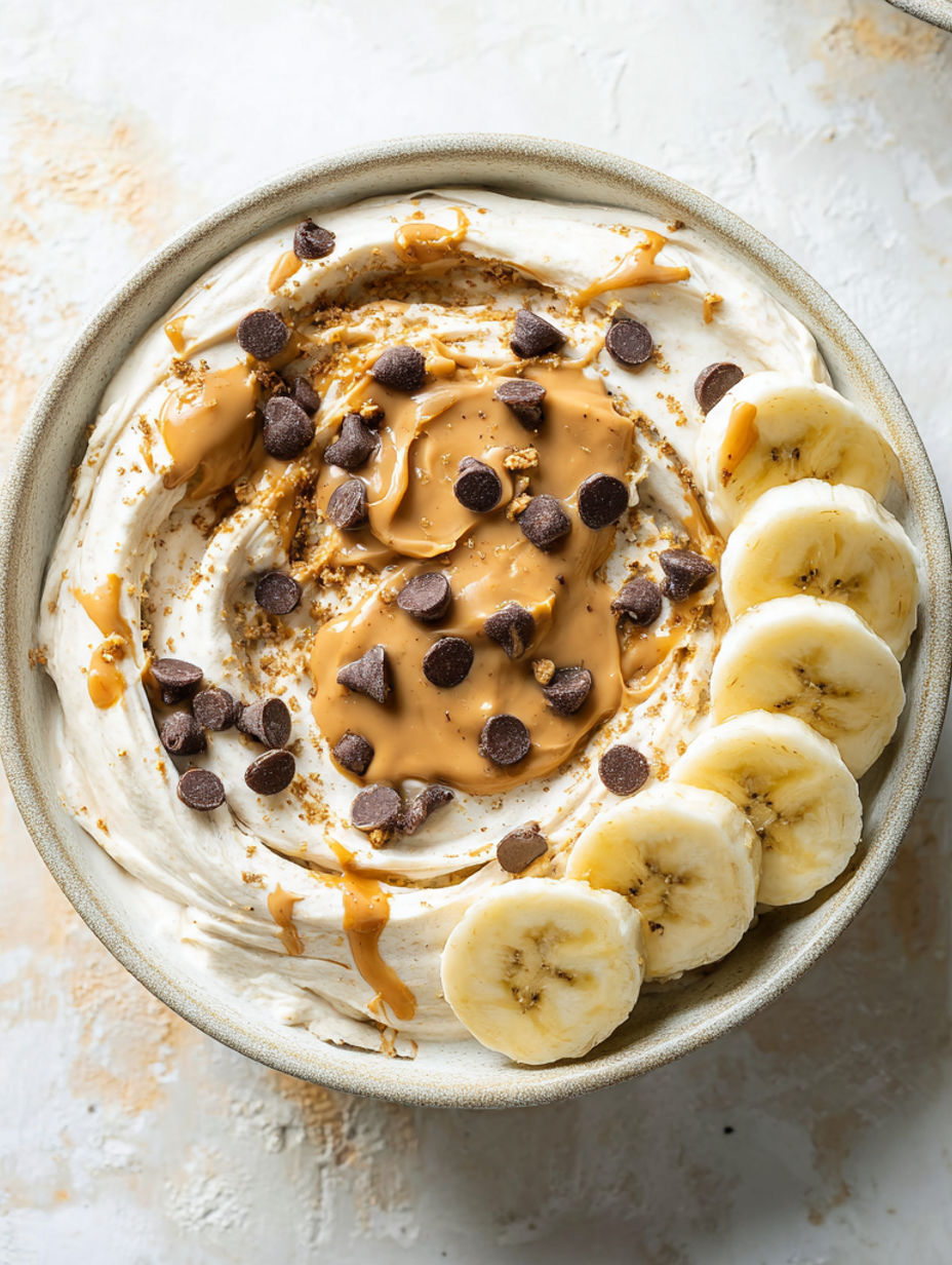 A bowl of peanut butter with bananas on top.