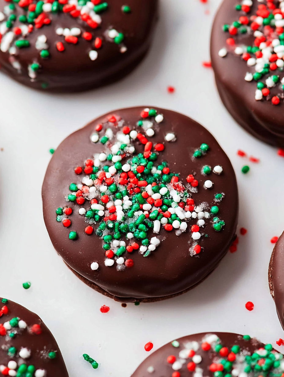 Chocolate peanut butter stacks with white and red sprinkles.