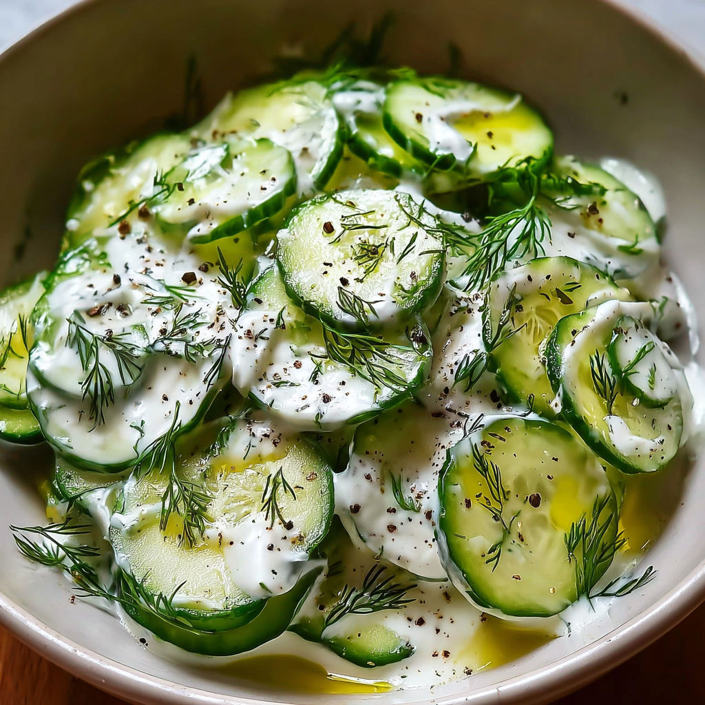 A bowl of pickle salad with cucumbers and ranch dressing.