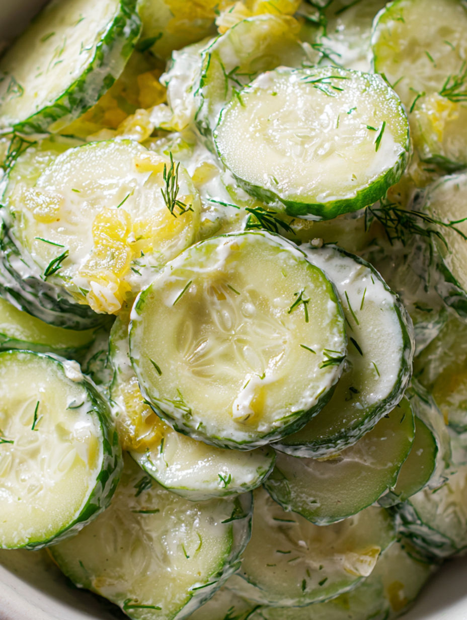 A pile of cucumbers with pickle juice on top.