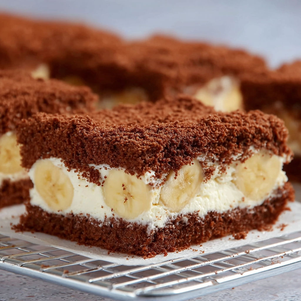 A slice of chocolate cake with bananas.