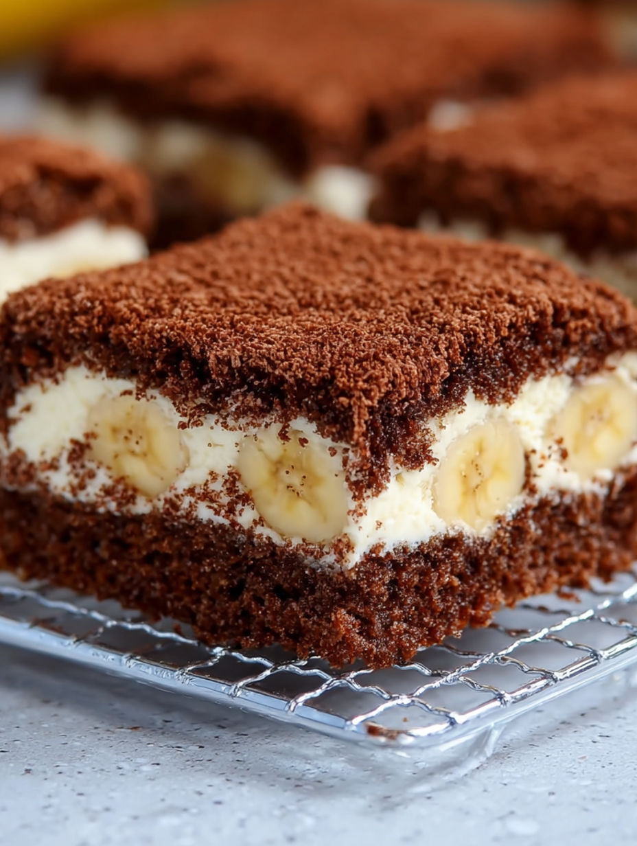 A slice of chocolate cake with bananas on a wire rack.