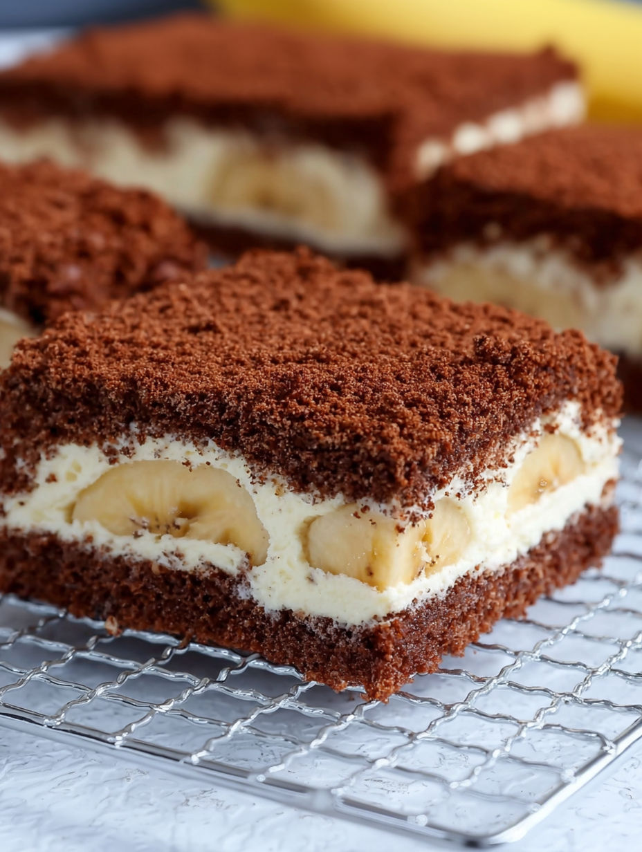 A slice of chocolate cake with bananas.