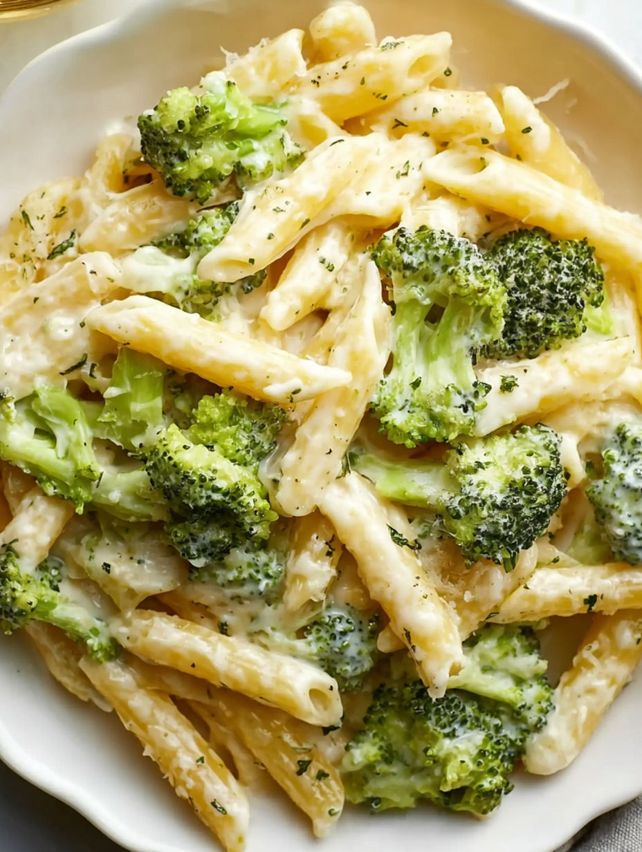 A plate of pasta with broccoli in a cheese sauce.