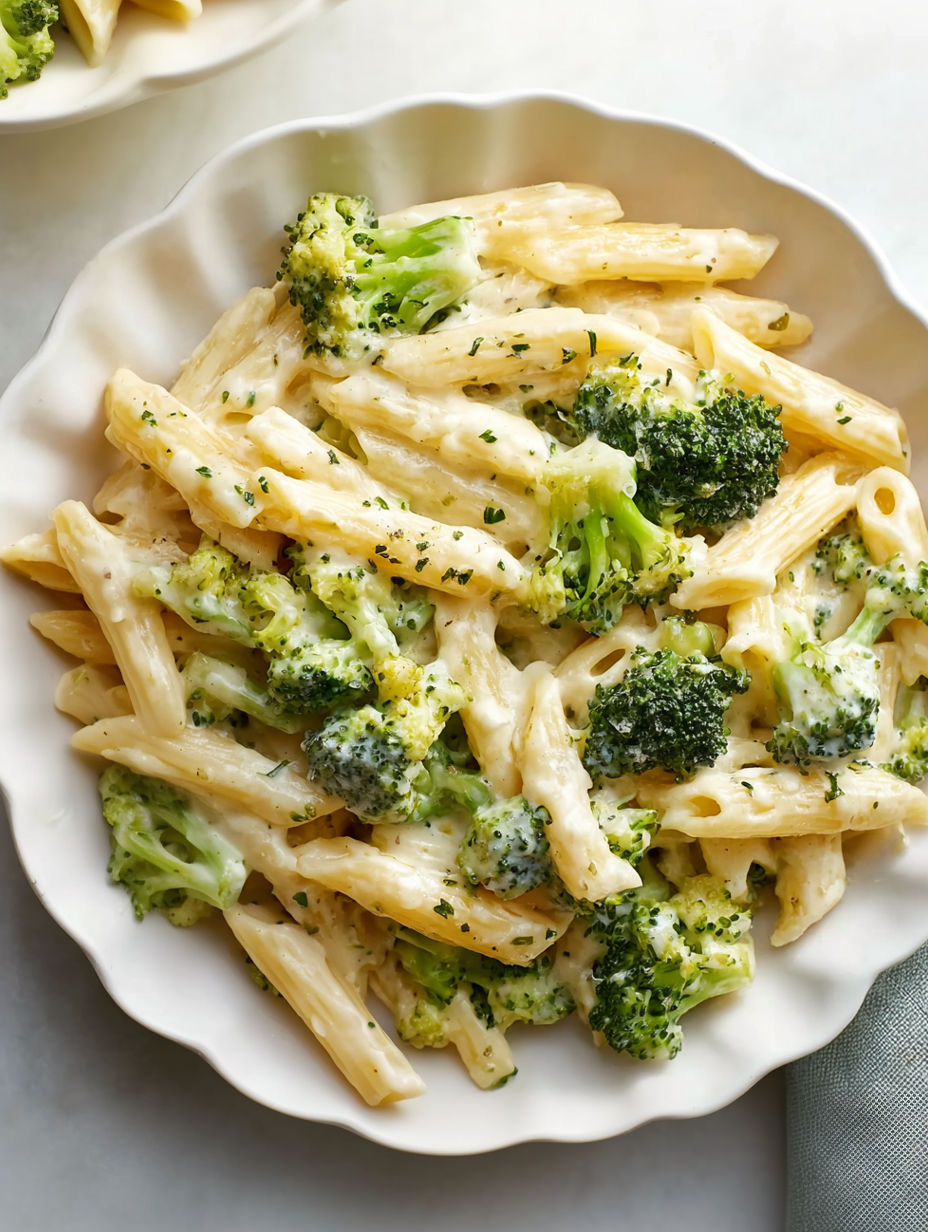 A plate of pasta with broccoli in a cream sauce.