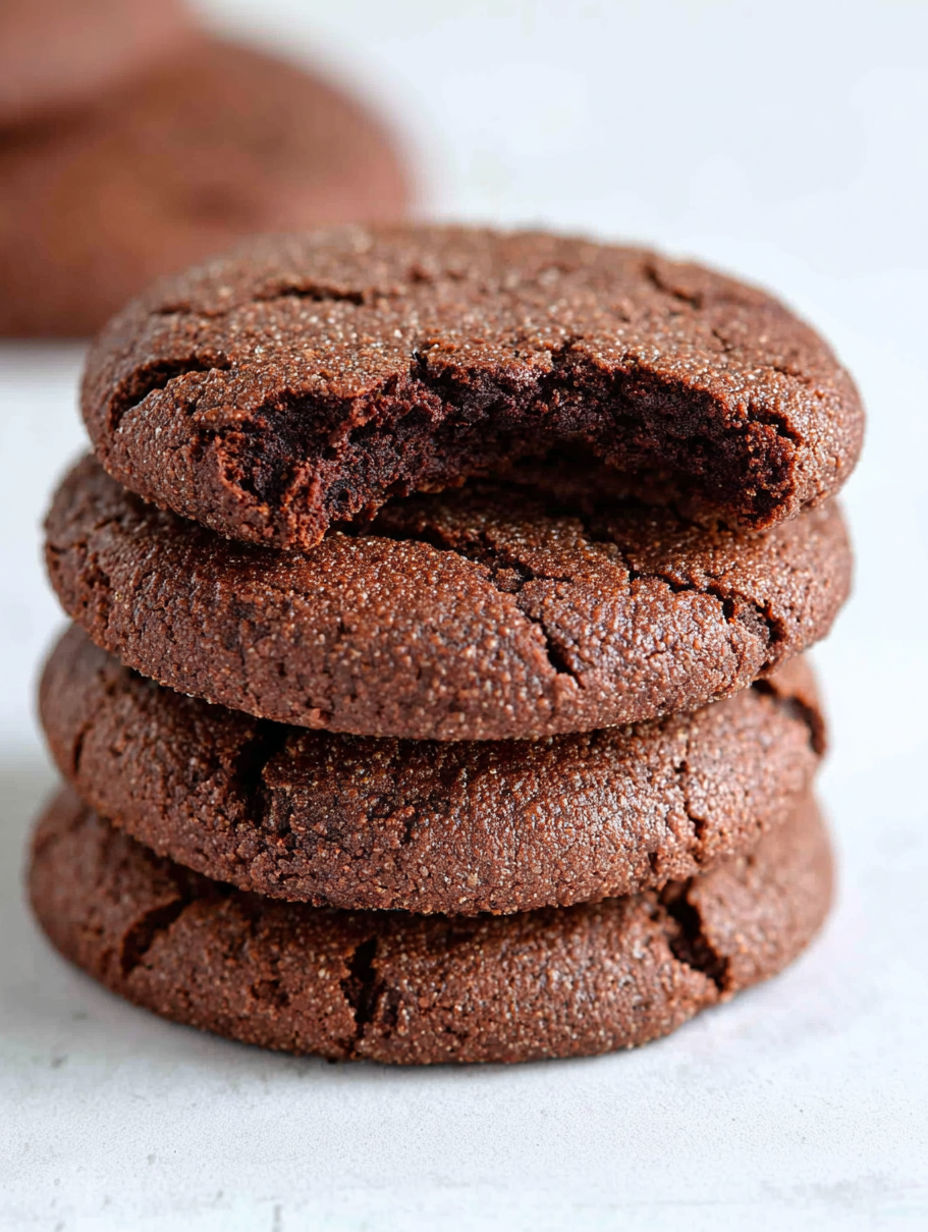 A stack of chocolate cookies with a bite taken out of one.