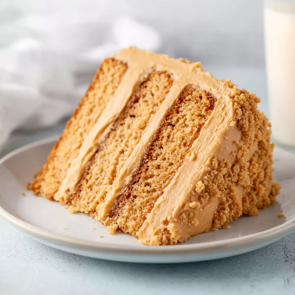 A slice of Biscoff cake on a plate.