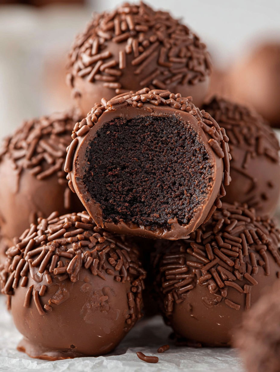 Chocolate truffles with a chocolate center and a chocolate coating.