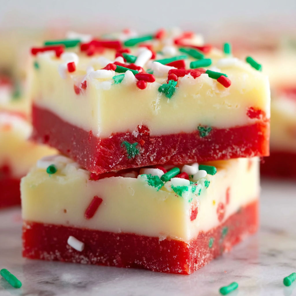 A close up of a piece of cake with white frosting and red and green sprinkles.