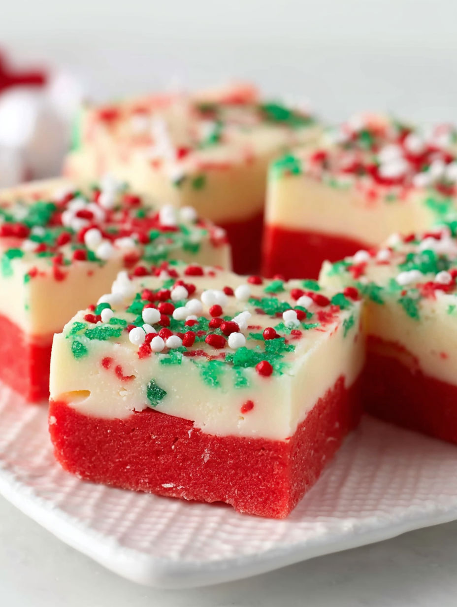 A plate of red and white cake.