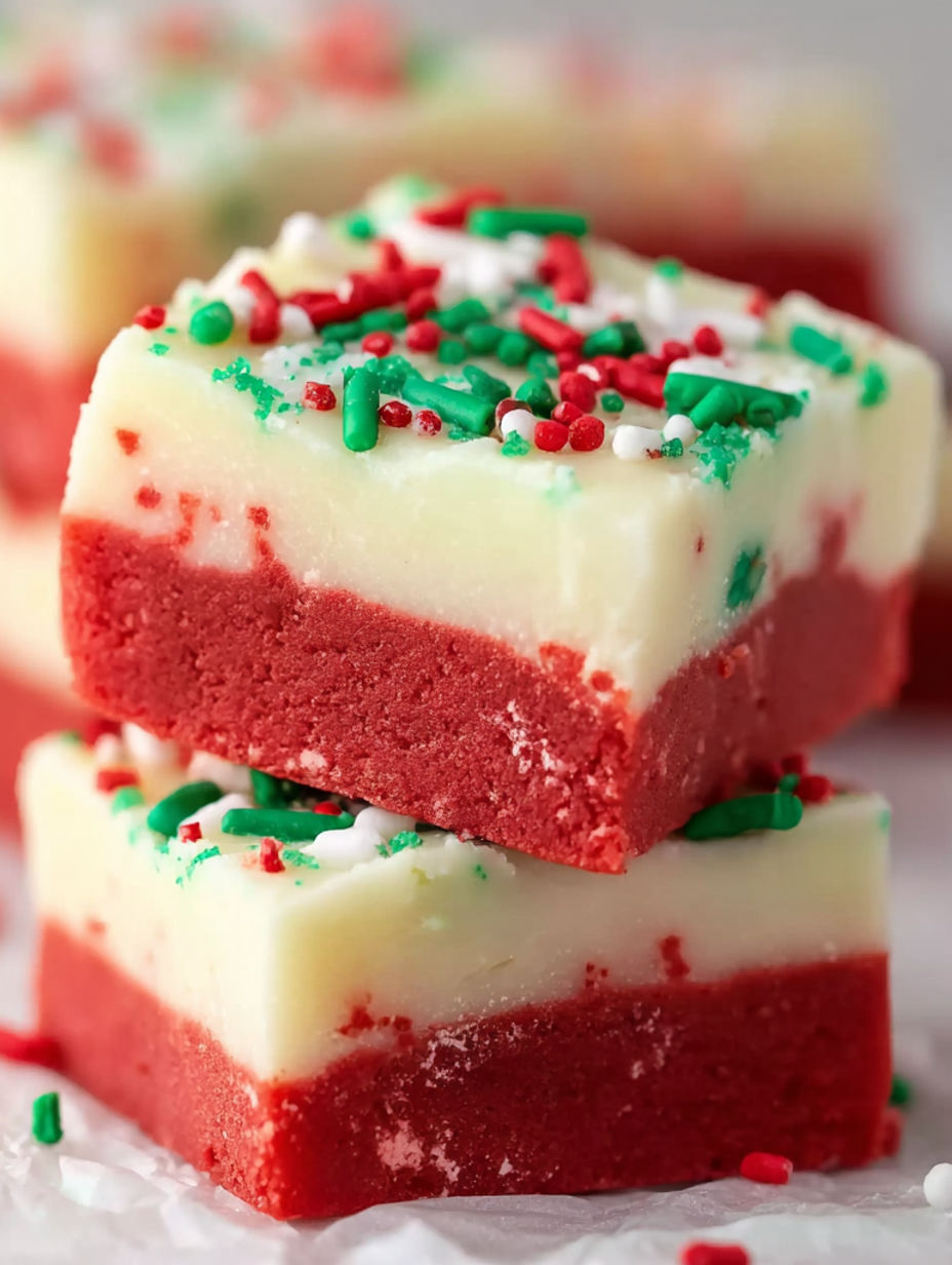 A stack of red and white cake.