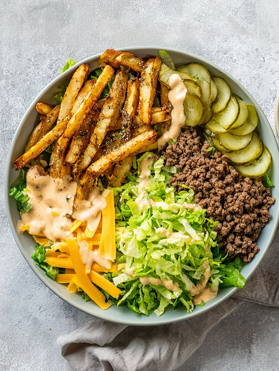 A bowl of food with fries, lettuce, and cheese.