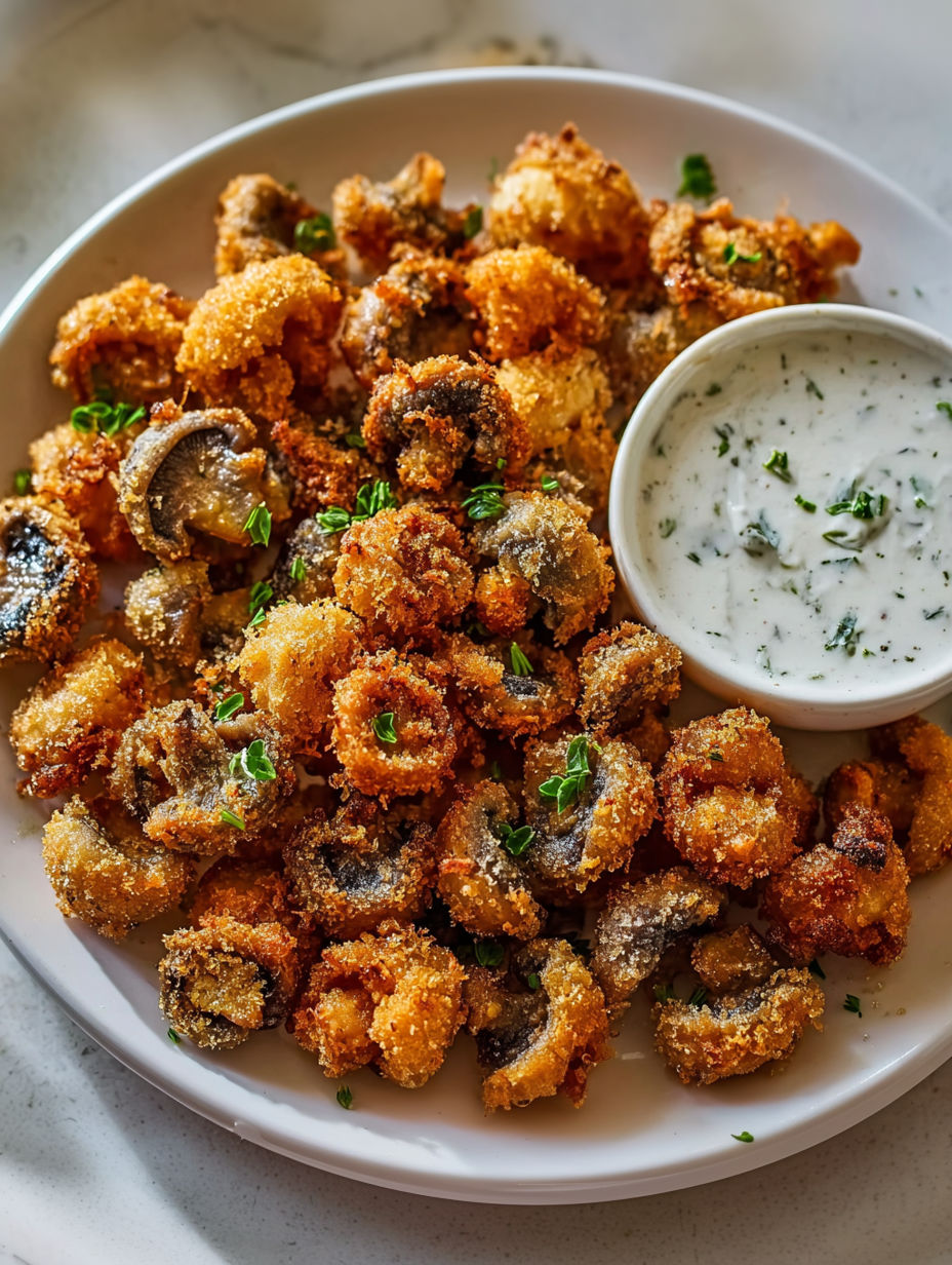 A plate of fried mushrooms with a side of ranch dressing.