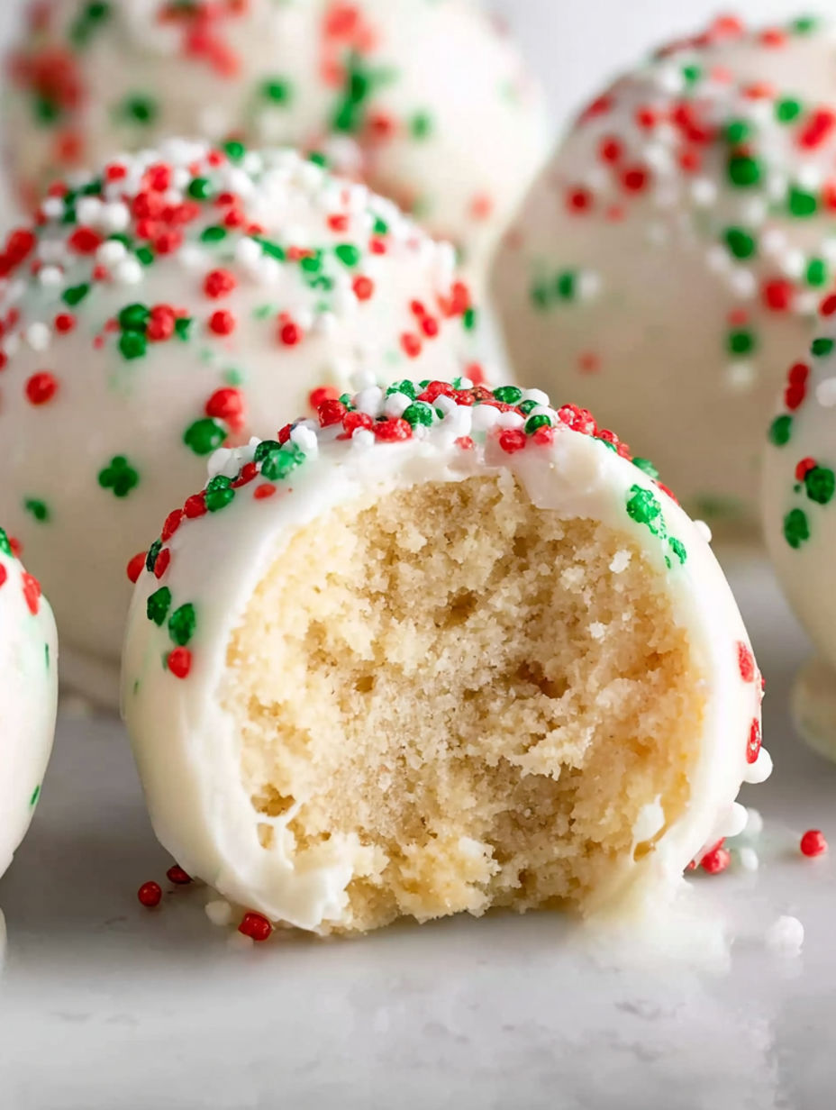 A close up of a sugar cookie truffle with a bite taken out of it.