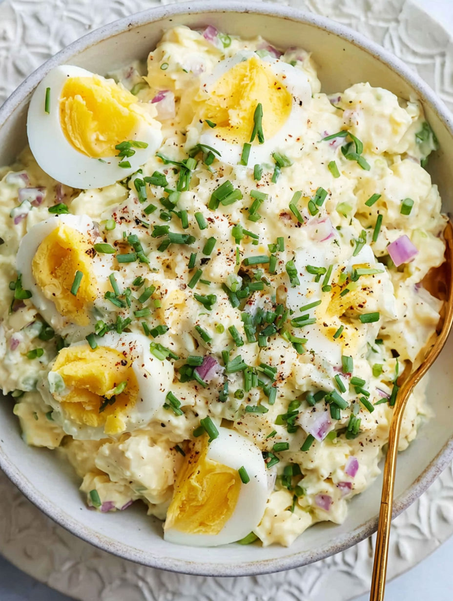 A bowl of cottage cheese with eggs and herbs.