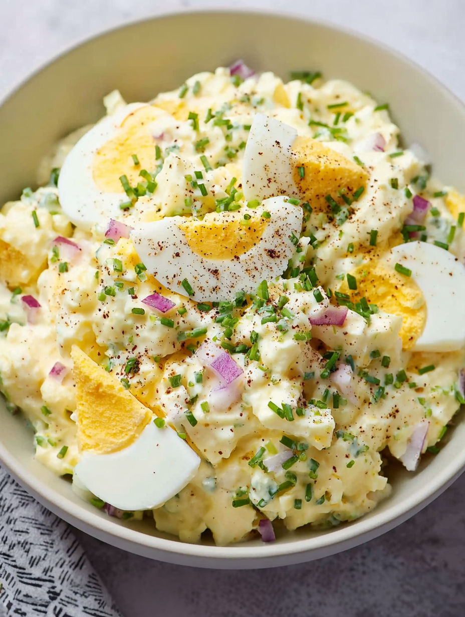 A bowl of cottage cheese eggsalat.