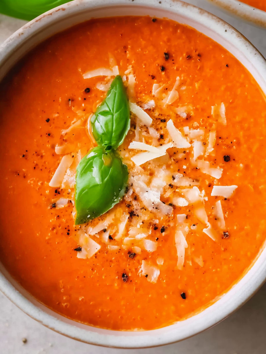 A bowl of soup with a green leaf on top.