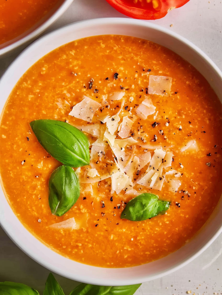 A bowl of soup with cheese and spinach.