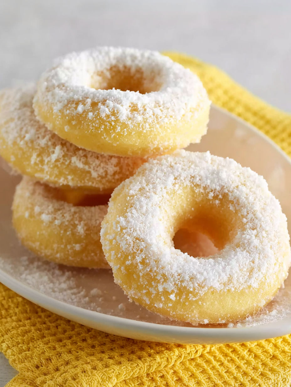 A plate of donuts with powdered sugar on top.