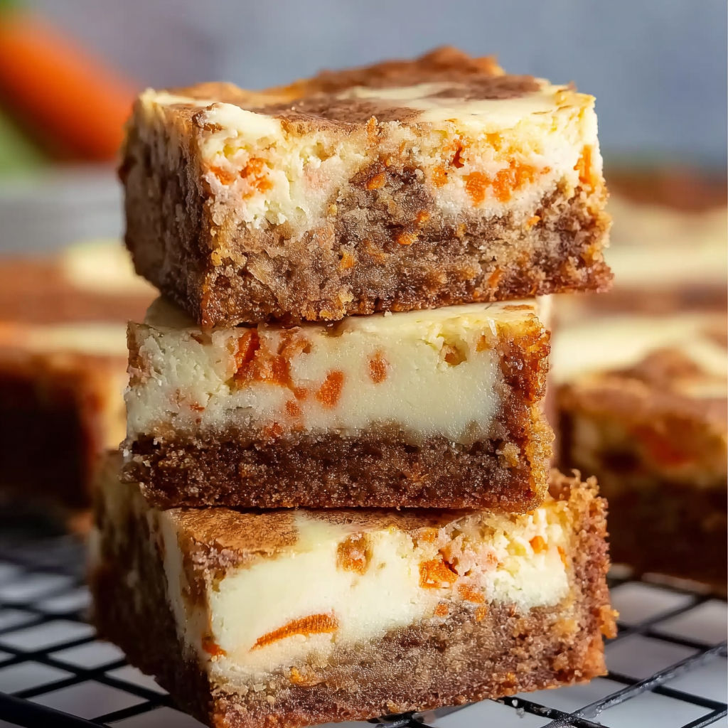 Three pieces of Karottenkuchen-Cheesecake-Bars.